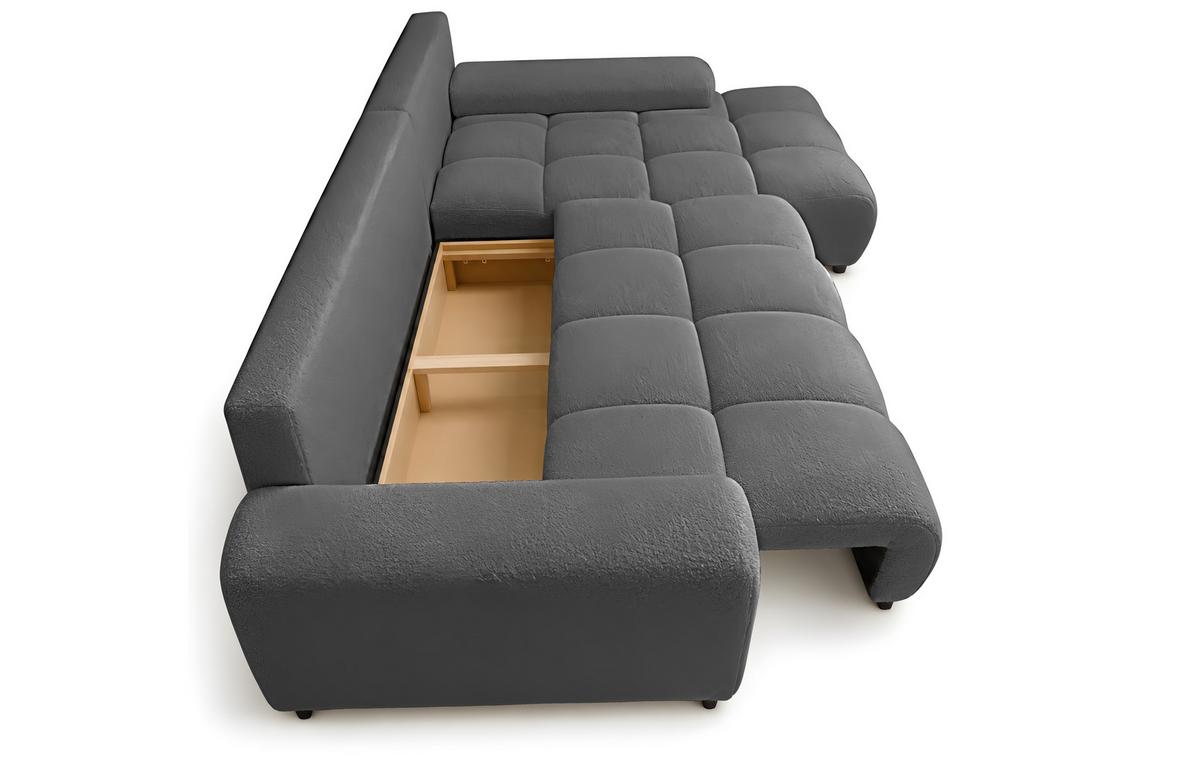ECKSOFA Ovia mit Bettkasten und Schlaffunktion, Bouclé-Stoff in L-Form - Dunkelgrau, Textil (270/185cm)