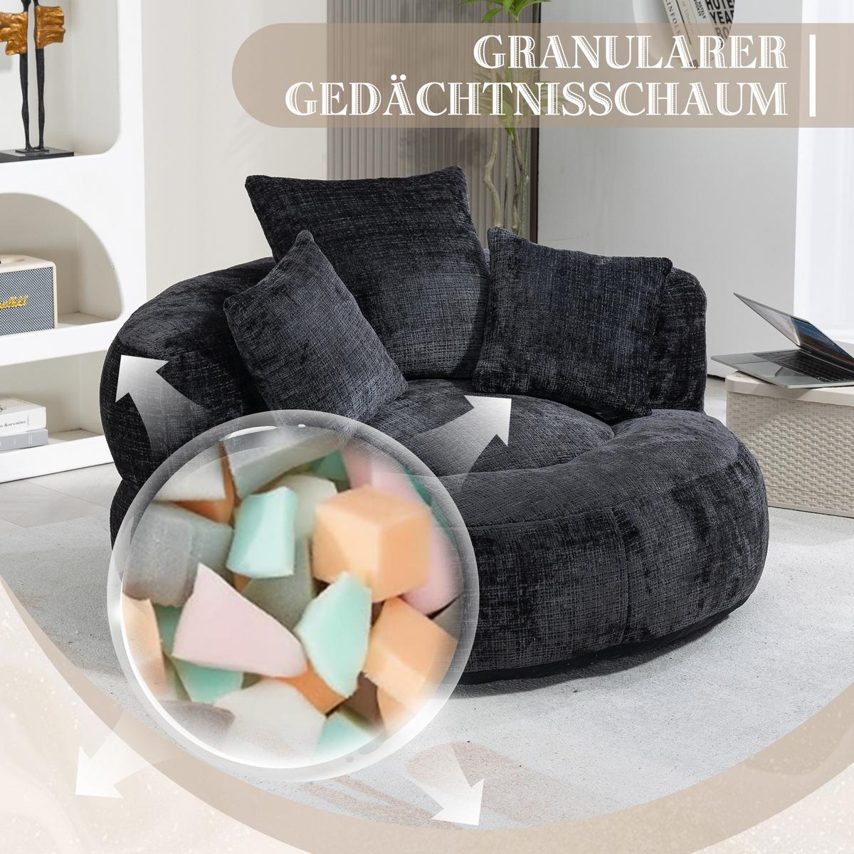 SESSEL chenille bodensessel rund mit kissen - Schwarz, Textil (108/52/108cm) - Urban Meuble