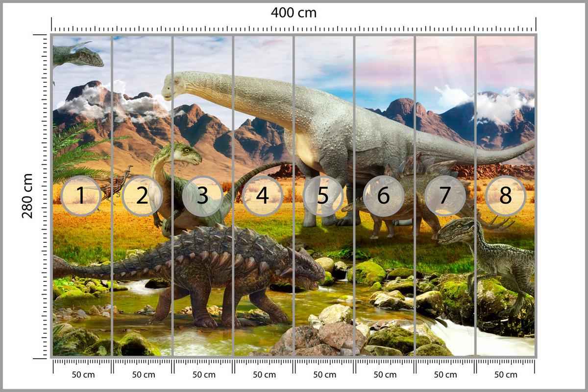FOTOTAPETE für Kinderzimmer Dinosaurier Berge aus Felsen Bäume 400x280 - Multicolor, Papier (400/280cm) - Muralo