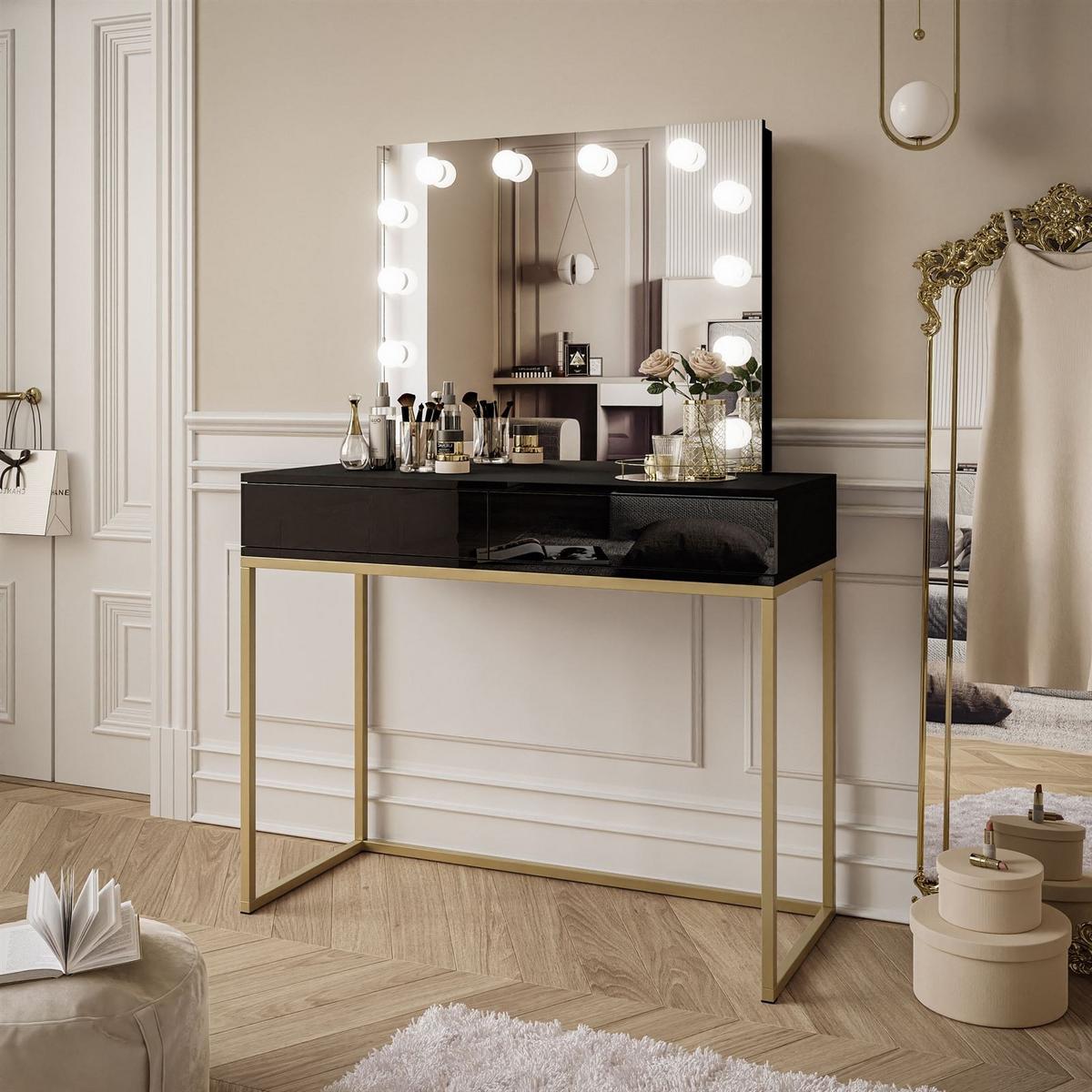 SCHMINKTISCH BLANCO GOLD ELITE mit Spiegel und Beleuchtung Schwarz Hochglanz PUSH OPEN - Schwarz Hochglanz/Goldfarben, Holzwerkstoff (100/146/42cm) - Lookway