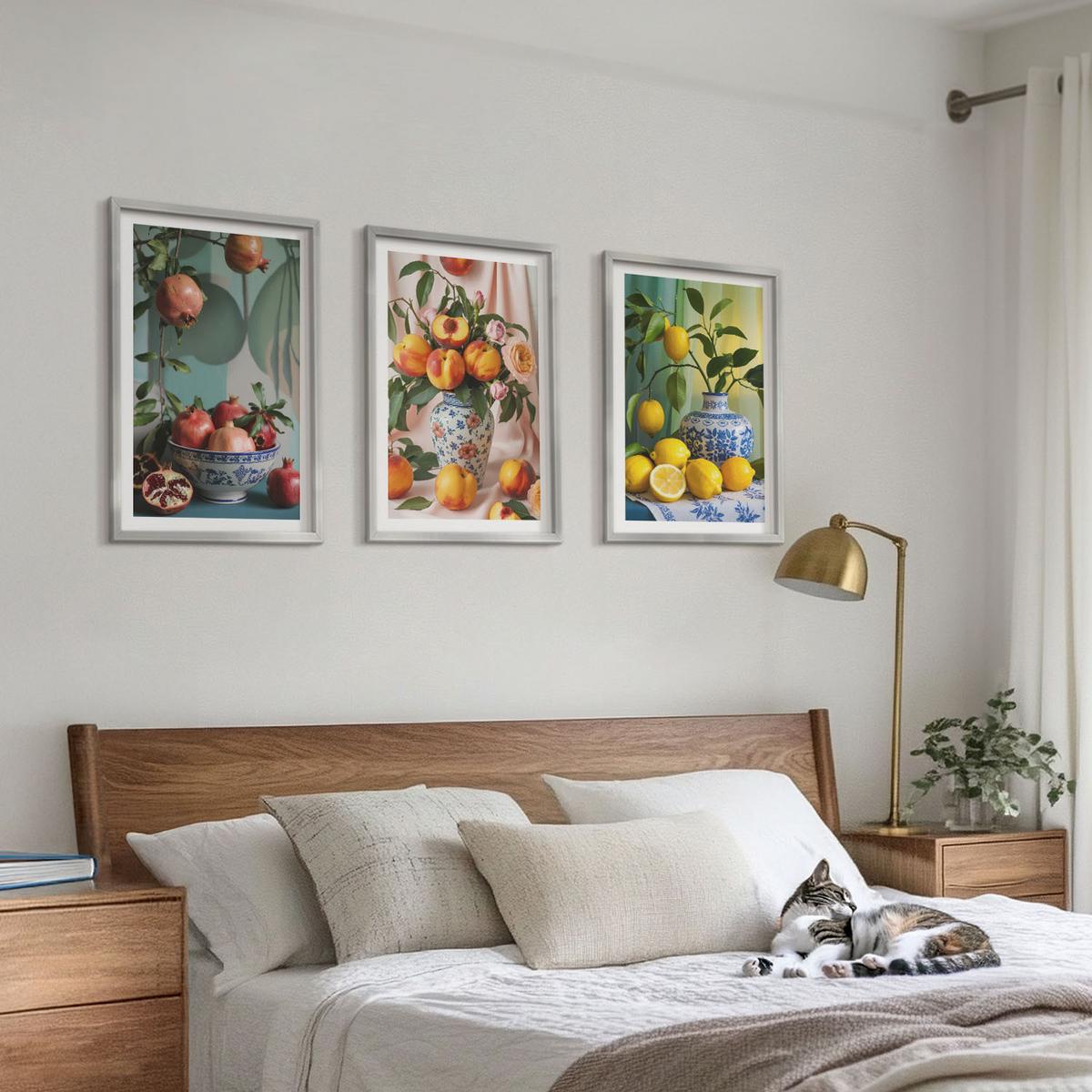 BILDER SET 3er Set - 40x60 cm Silberner Rahmen - Granatäpfel, Pfirsiche, Zitronen - Silberfarben, Kunststoff (40/60cm) - TULUP