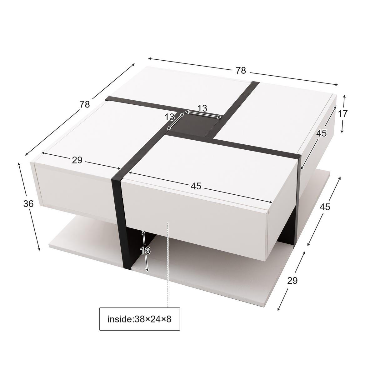 COUCHTISCH Hochglanz Weiß & Schwarz Quadratisch mit 4 Schubladen & Stauraum - Weiß, Holzwerkstoff (78/78/36cm) - Urban Meuble