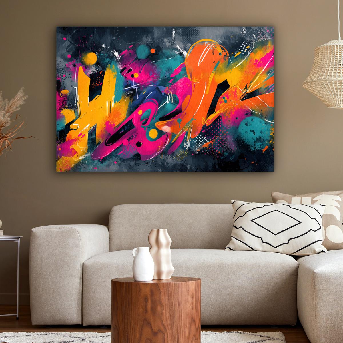 LEINWANDBILD Abstrakt - Graffiti - Farbenfroh - Farbspritzer Groß 140x90 cm - Multicolor, Textil (140/90cm) - MuchoWow