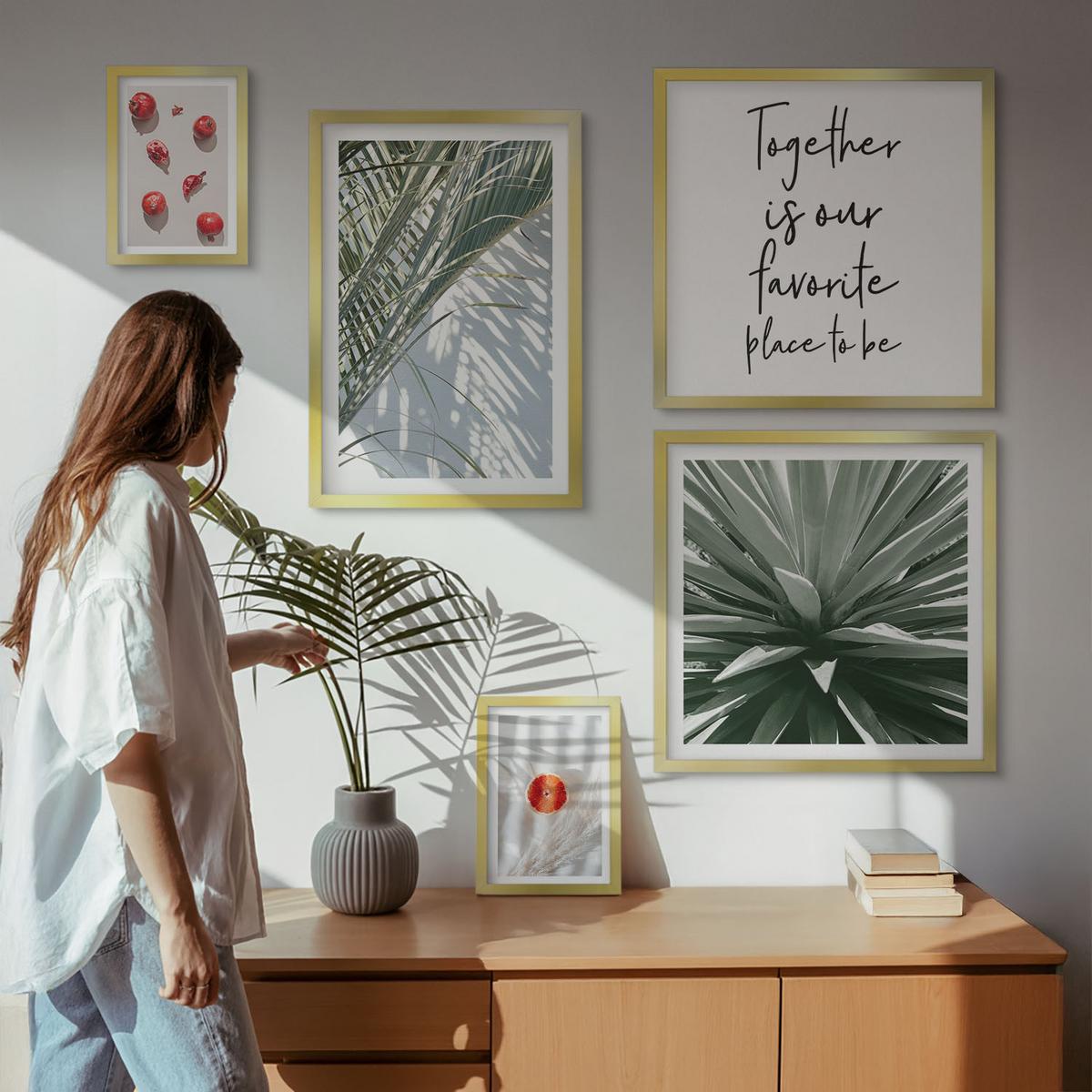 BILDER SET 5er Set - 50x50 cm & 20x30 cm & 40x60 cm Goldrahmen - Feiertags-Palmenfrucht-Inschrift - Goldfarben, Kunststoff (40/60cm) - TULUP