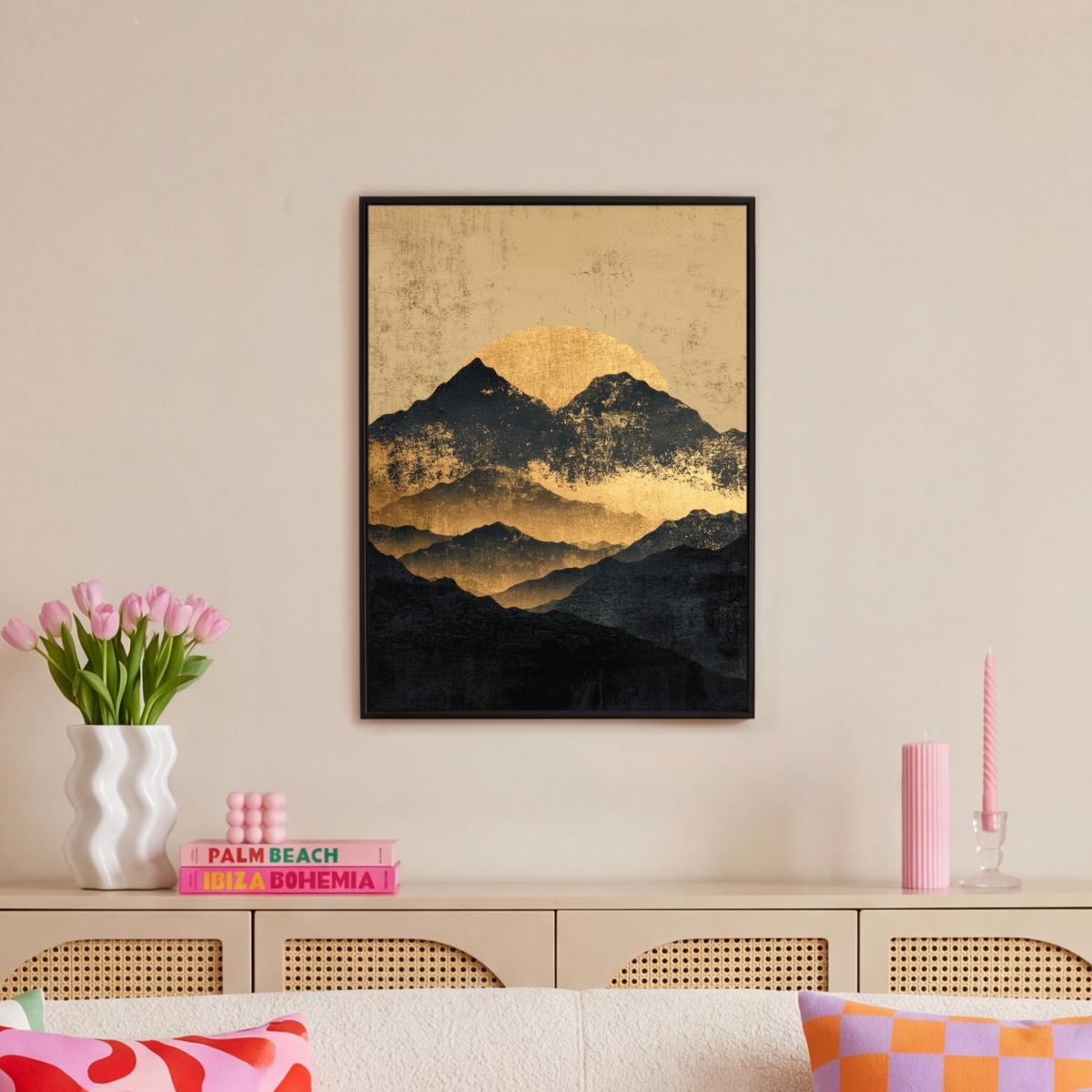LEINWAND Bilder mit Rahmen - Goldene Berge bei Mondschein - 60x80 - Goldfarben, Textil (60/80cm) - MuchoWow