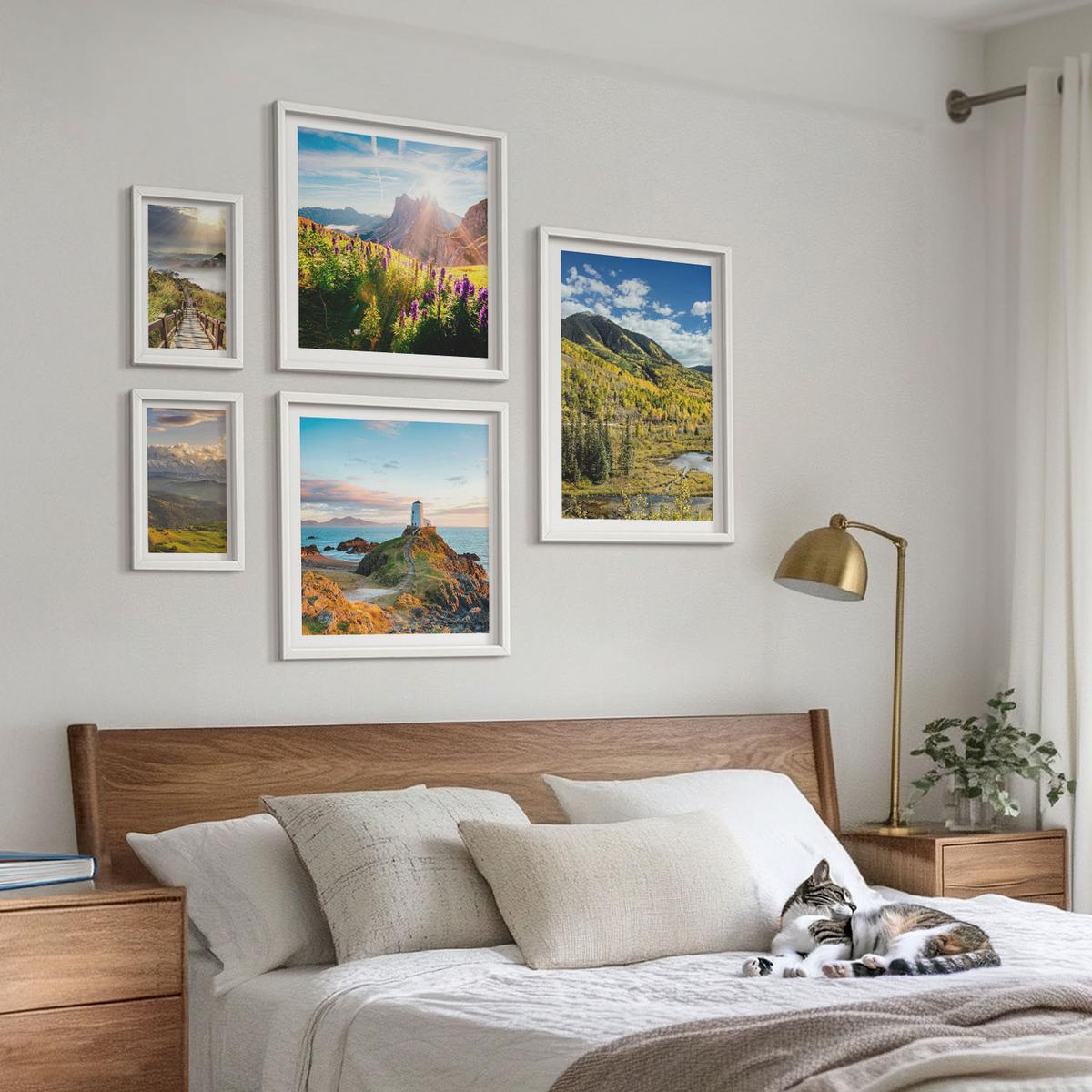 BILDER SET 5er Set - 50x50 cm & 20x30 cm & 40x60 cm Weißer Rahmen - Berglandschaften Wasserfall - Weiß, Kunststoff (40/60cm) - TULUP