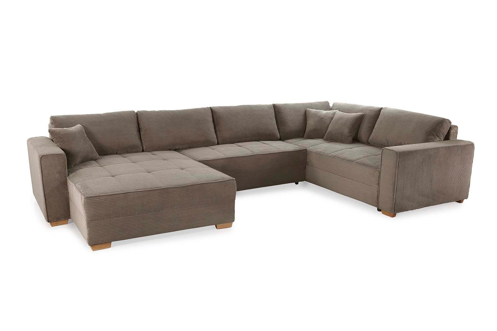 WOHNLANDSCHAFT Schlaffunktion Bettkasten Wellenunterfederung, spiegelverkehrt montierbar U-Form B379/T227/H86 cm, Cord Braun Taupe / 15197 - Eichefarben/Braun, Holz/Textil (379/86/227cm) - luma-home