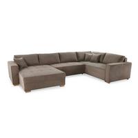 WOHNLANDSCHAFT Schlaffunktion Bettkasten Wellenunterfederung, spiegelverkehrt montierbar U-Form B379/T227/H86 cm, Cord Braun Taupe / 15197 - Eichefarben/Braun, Holz/Textil (379/86/227cm) - luma-home