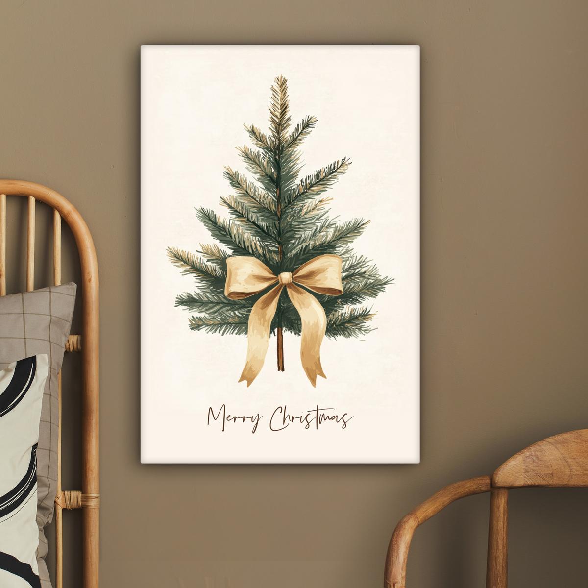 LEINWANDBILD Weihnachtsbaum - Weihnachten - Frohe Weihnachten - Beige Wanddeko Schlafzimmer 60x90 cm - Sandfarben, Textil (60/90cm) - MuchoWow