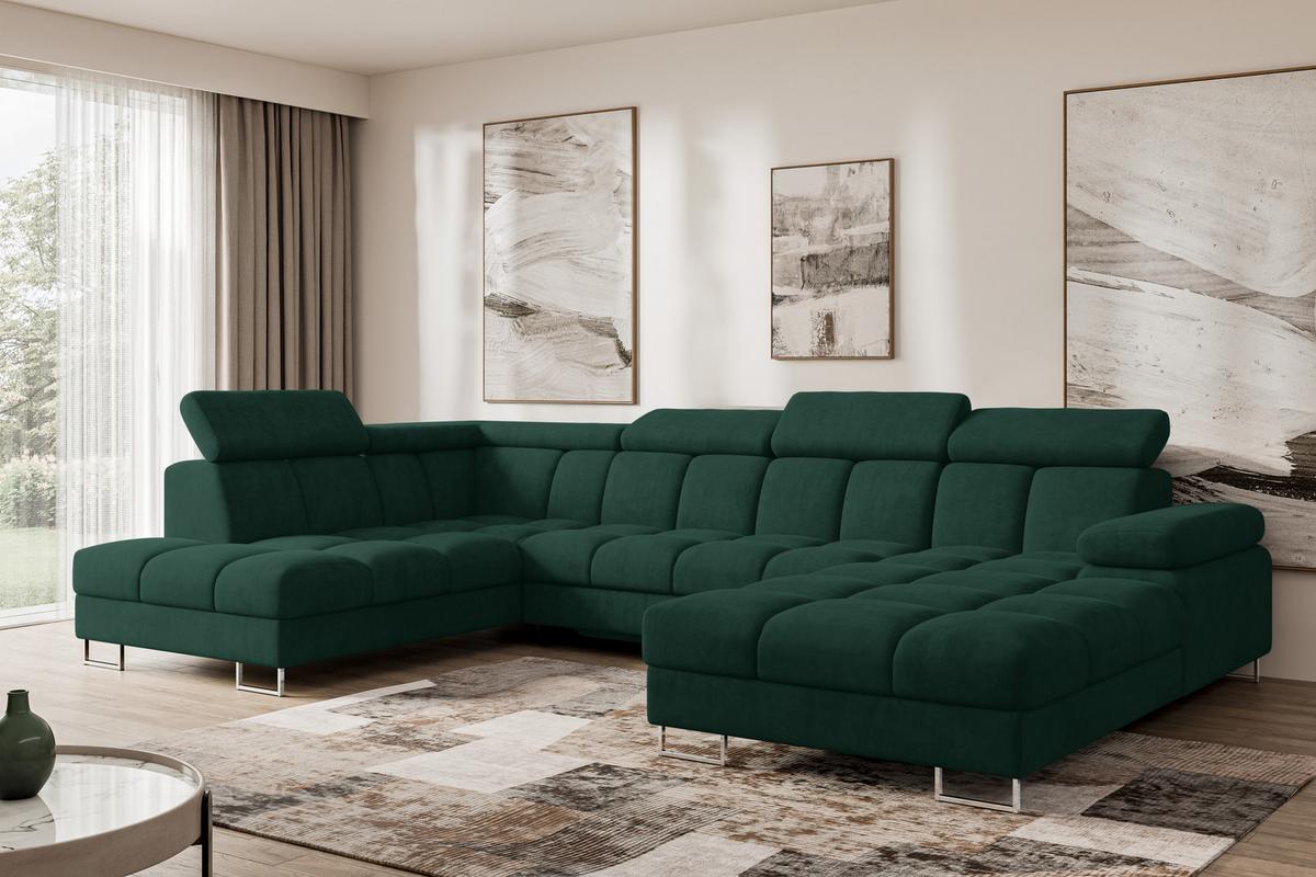 WOHNLANDSCHAFT mit Schlaffunktion und Bettkasten Ottomane Links COMA U 345x203x79 Grün Velours - Grün, Holzwerkstoff/Textil (345/79/203cm) - ALTDECOR