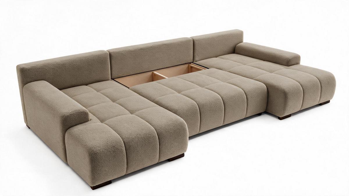 WOHNLANDSCHAFT OVIA U mit Bettkasten und Schlaffunktion, Bouclé-Stoff in U-Form - Cappuccino, Textil (350/80/185cm)