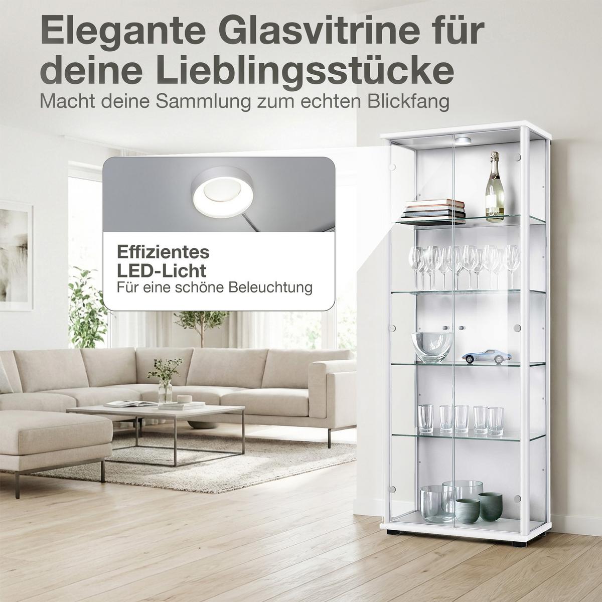VITRINE 33/67/176 cm mit LED & 4 höhenverstellbaren Glasböden - Transparent/Silberfarben, Glas/Holzwerkstoff (67/176/33cm) - K-Möbel