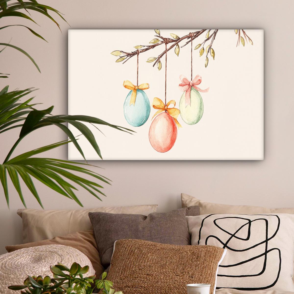 LEINWANDBILD Osterkuchen - Schleife - Eier Gemälde 60x40 cm - Creme, Textil (60/40cm) - MuchoWow