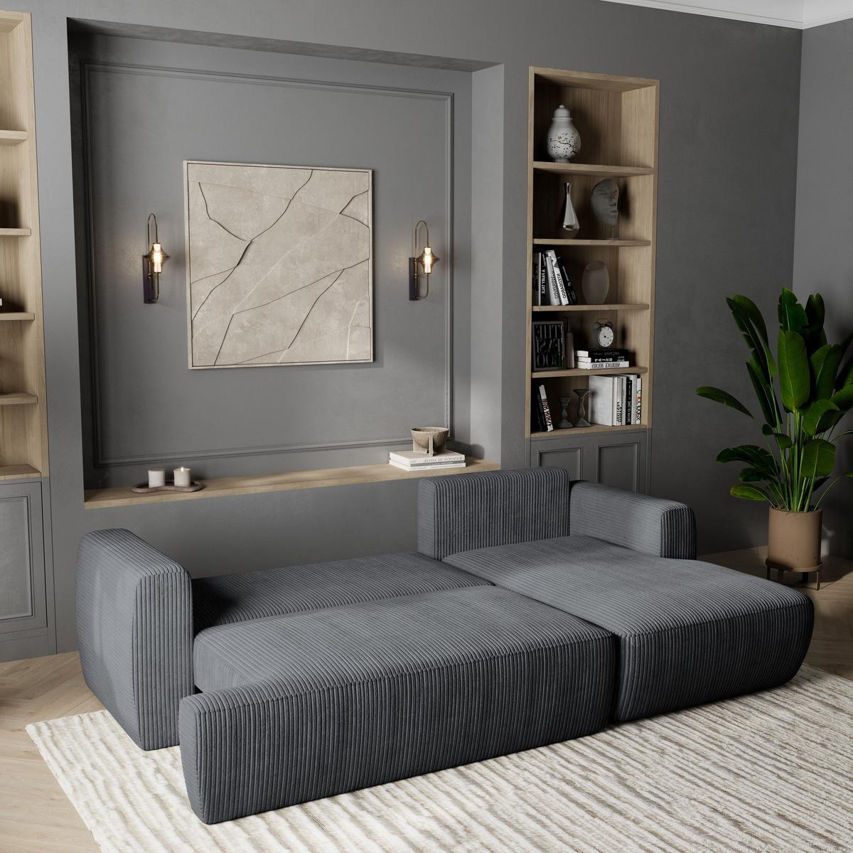 ECKSOFA SENTI P R-S Grau Kordstoff mit Schlaffunktion - Schwarz/Grau, Holz/Kunststoff (246/148cm) - MASSENO