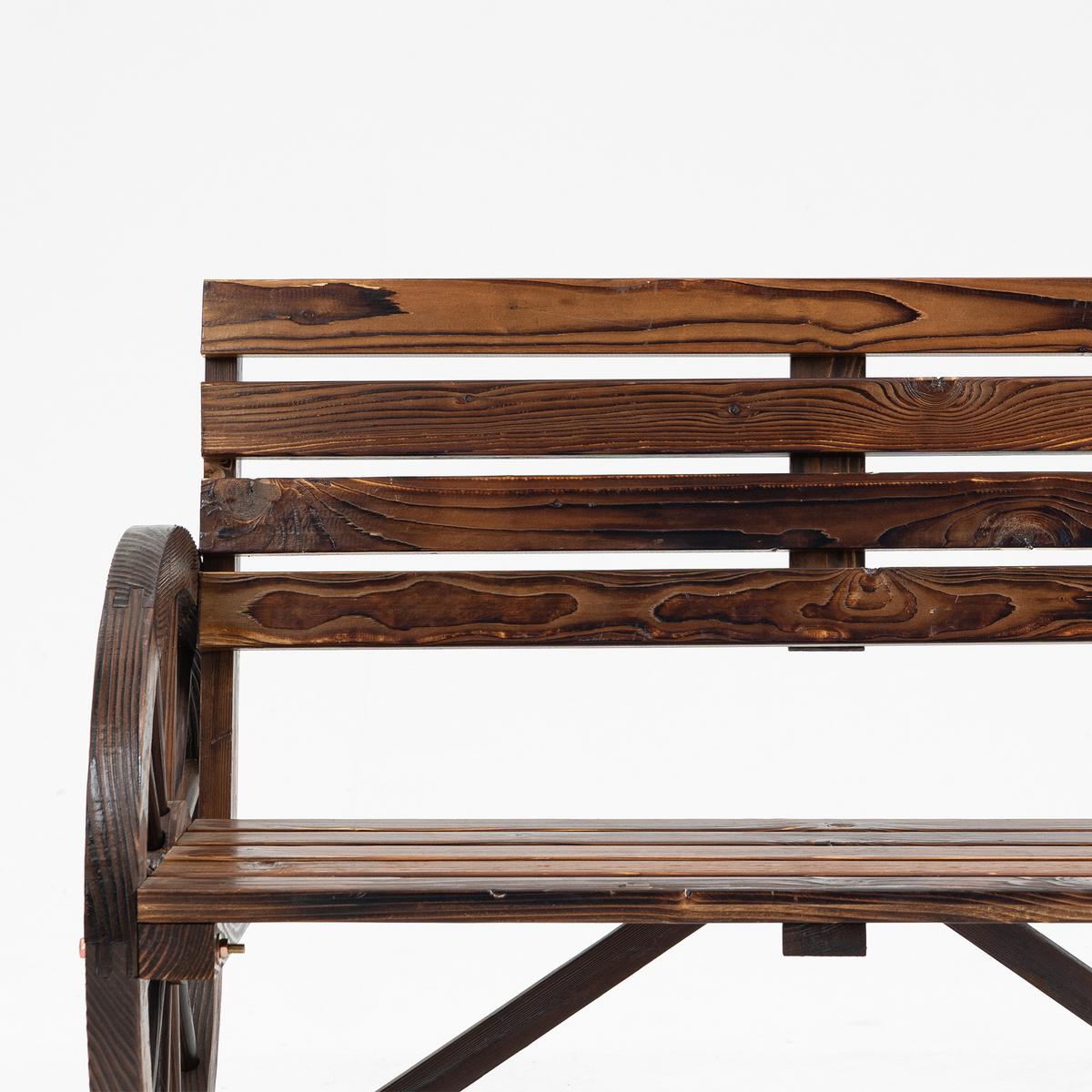 2ER-GARTENBANK Sitzbank Wagenrad-Design rustikale Holzbank für 2 Personen - Braun, Holz (56/79/105.5cm) - Outsunny