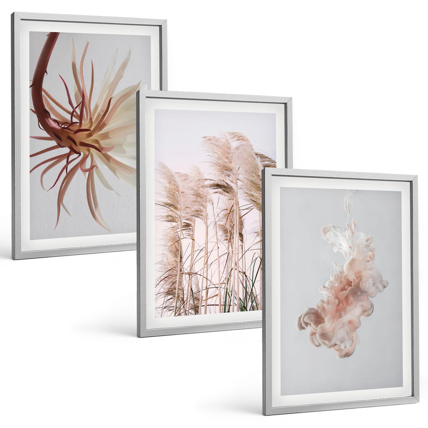BILDER SET 3er Set - 40x60 cm Silberner Rahmen - Set aus Gras, Blumen und hellem Hintergrund - Silberfarben, Kunststoff (40/60cm) - TULUP