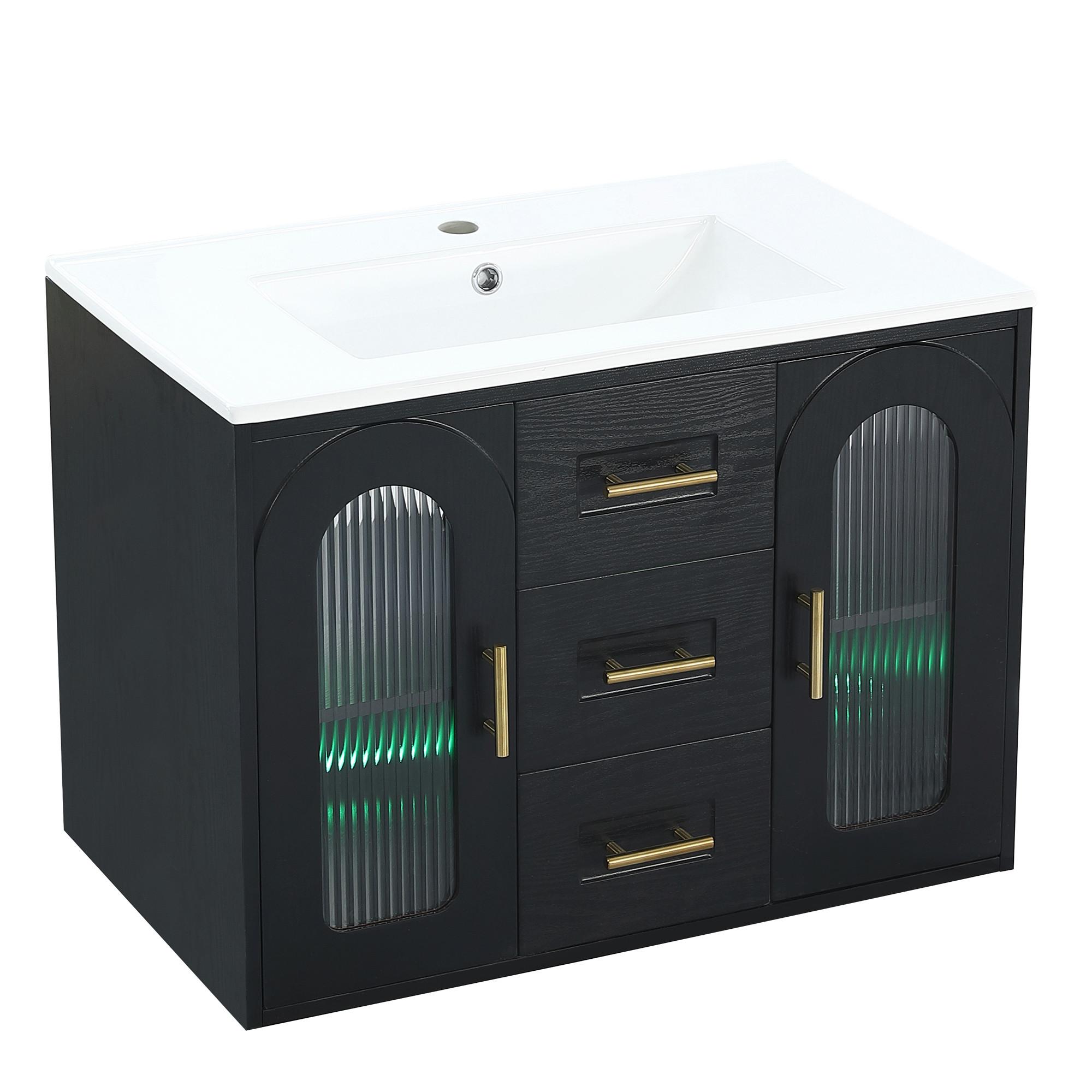 WASCHTISCHUNTERSCHRANK Wandhängend Schwarz mit LED, geriffeltem Glas & Schubladen - Schwarz, Holzwerkstoff (76/55/46cm) - Urban Meuble