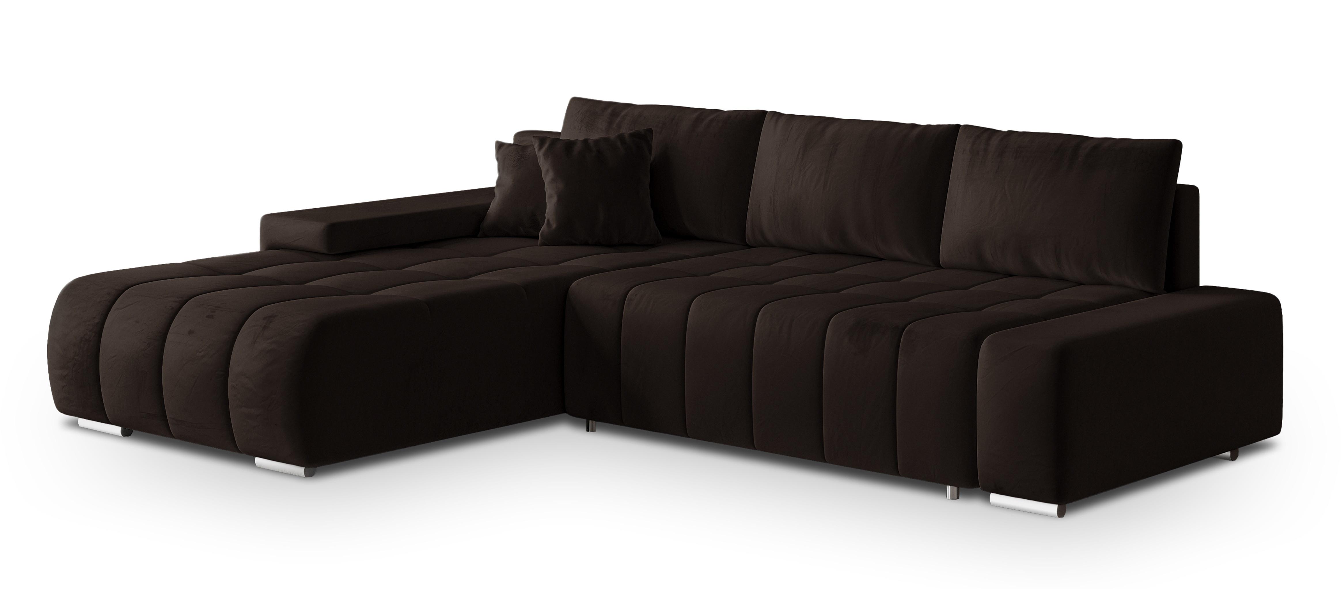 ECKSOFA ALESE L-S Braun Velours-Stoff mit Schlaffunktion - Silberfarben/Braun, Holz/Textil (265/185cm) - MASSENO