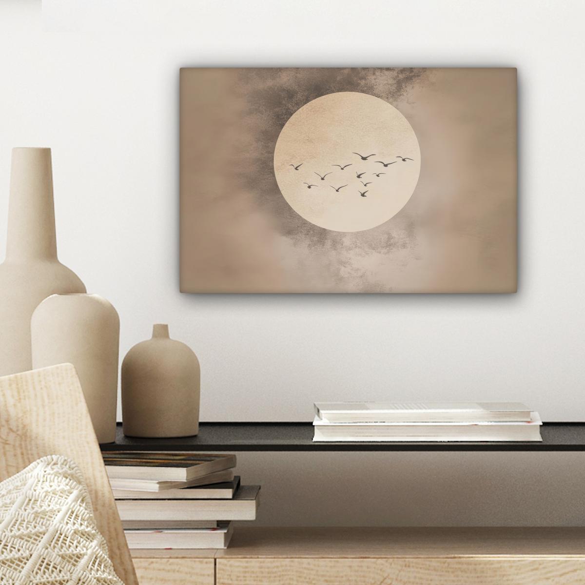 LEINWANDBILD Vogel - Beige - Japanisch Deko Schlafzimmer 30x20 cm - Taupe, Textil (30/20cm) - MuchoWow