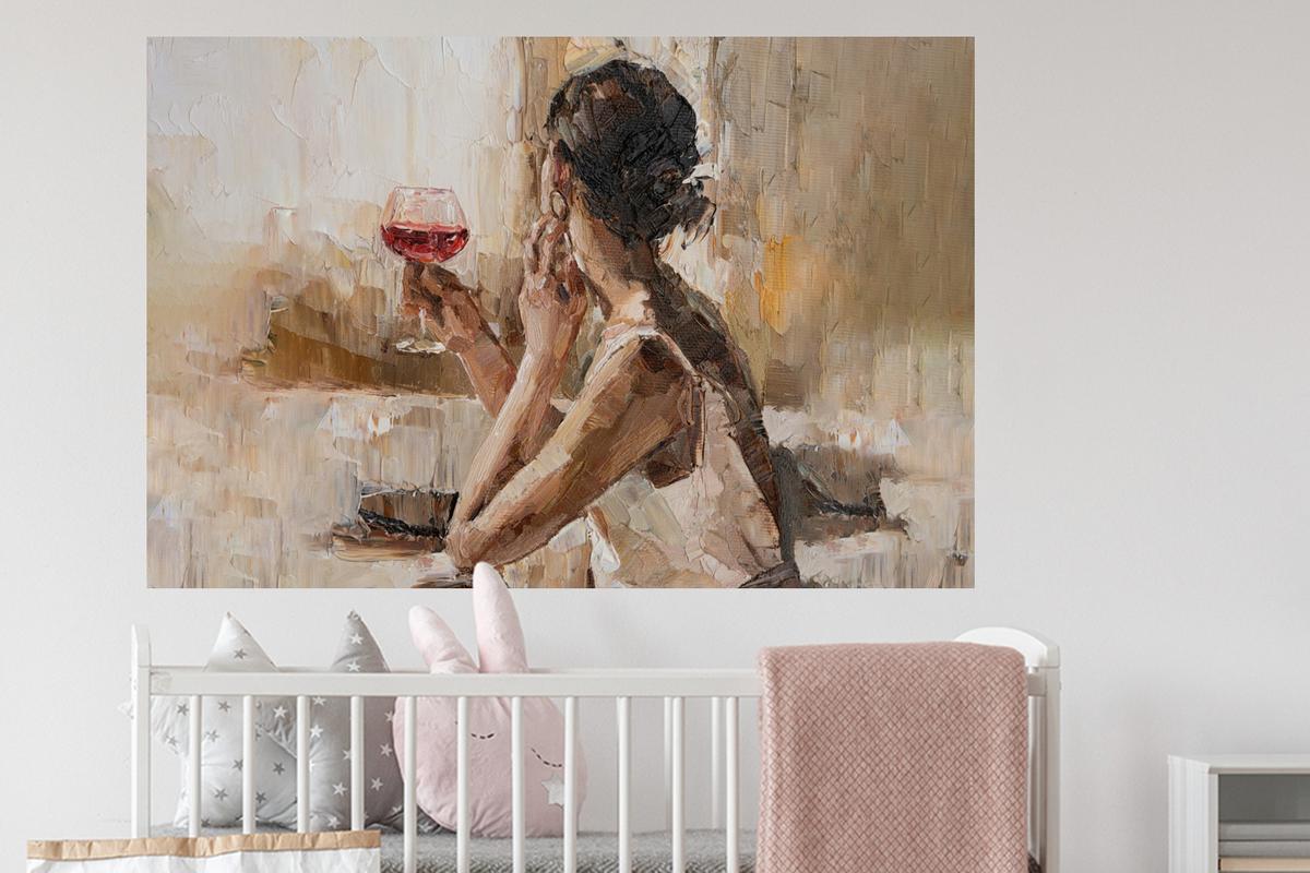 WANDTATTOO Ölgemälde - Frau - Wein Wandsticker 120x80 cm - Hellbraun, Kunststoff (120/80/0.1cm) - MuchoWow