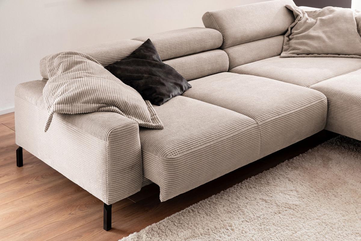 ECKSOFA MIT MOTORISCHEM SITZVORZUG DELIA Taupe Cord Relaxfunktion - Taupe/Schwarz, Textil/Metall (312/219cm) - KAWOLA