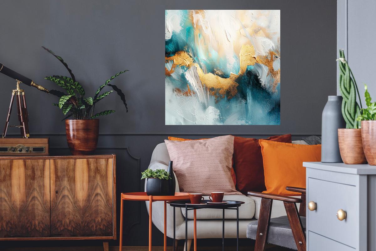 WANDTATTOO Abstrakt - Kunst - Gold - Blau Wanddeko 50x50 cm - Petrol, Kunststoff (50/50/0.1cm) - MuchoWow