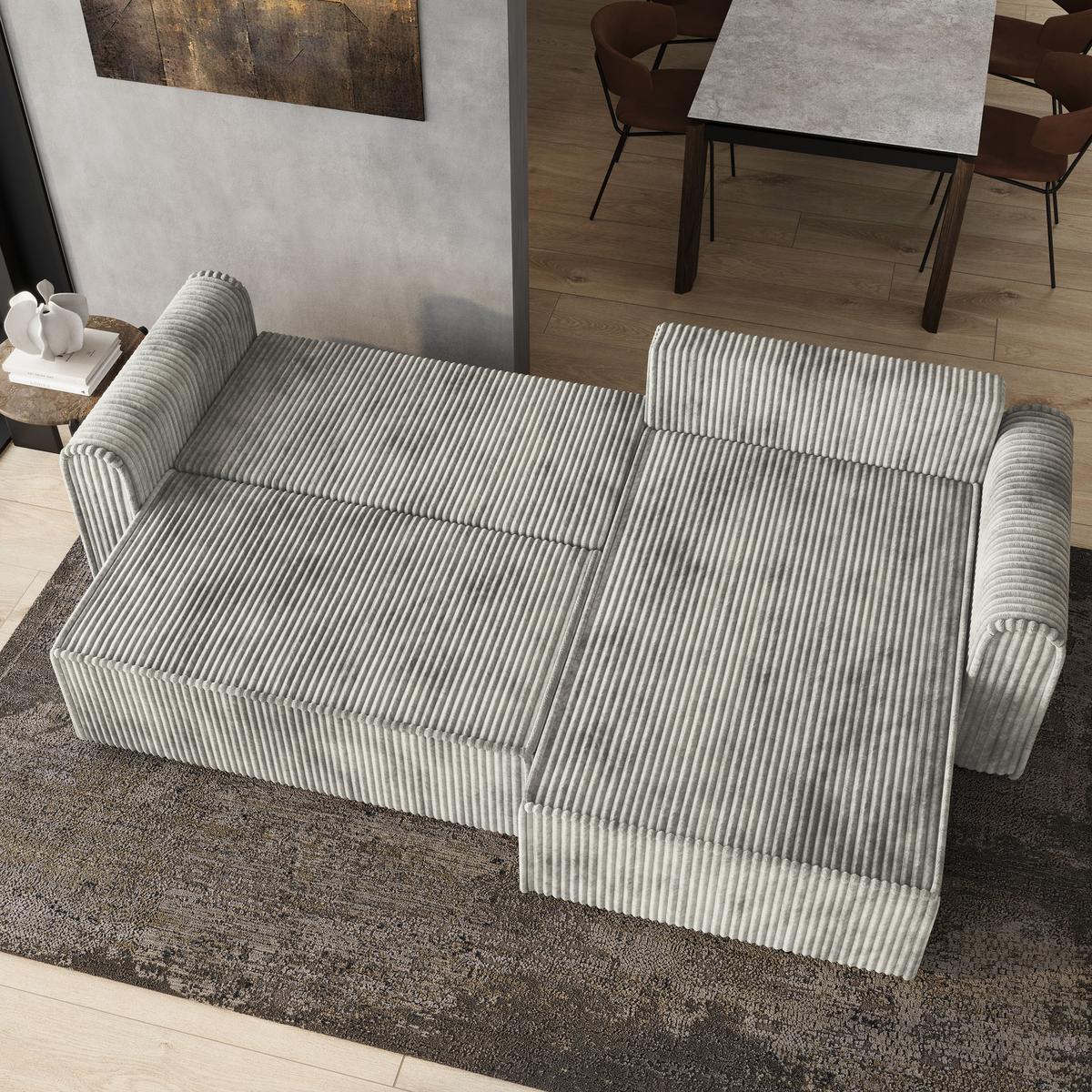 ECKSOFA VALTINO Hellgrau Kordstoff mit Schlaffunktion - Hellgrau, Holz (275/148cm) - MASSENO