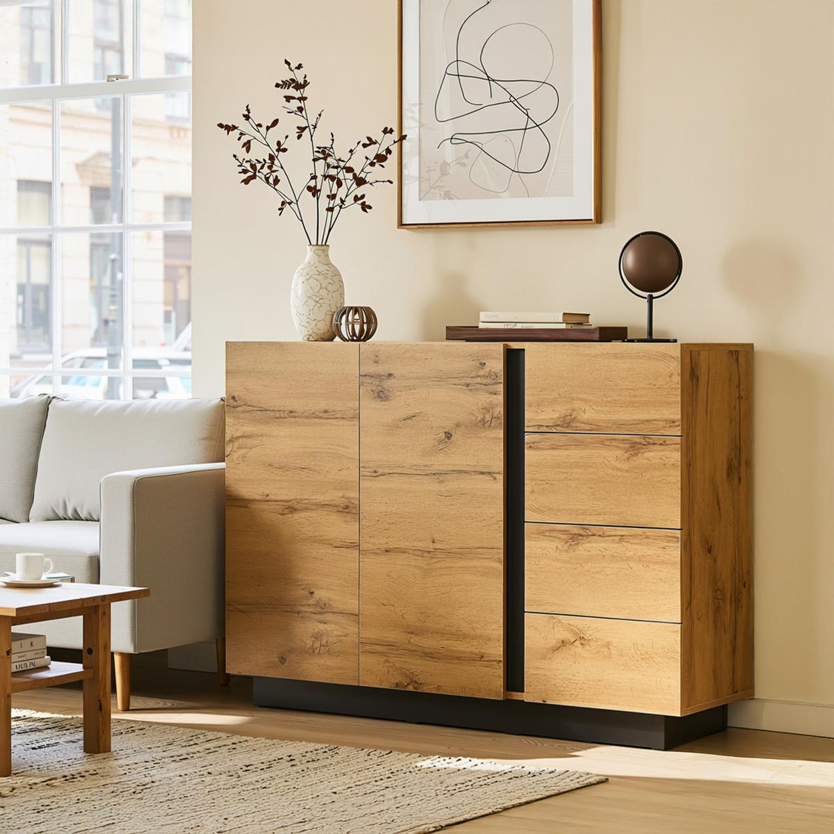 SIDEBOARD 120 cm Naturholz & Schwarz mit 4 Schubladen & 2 Türen im modernen Stil - Naturfarben, Holzwerkstoff (120/90.5/35.5cm) - Urban Meuble