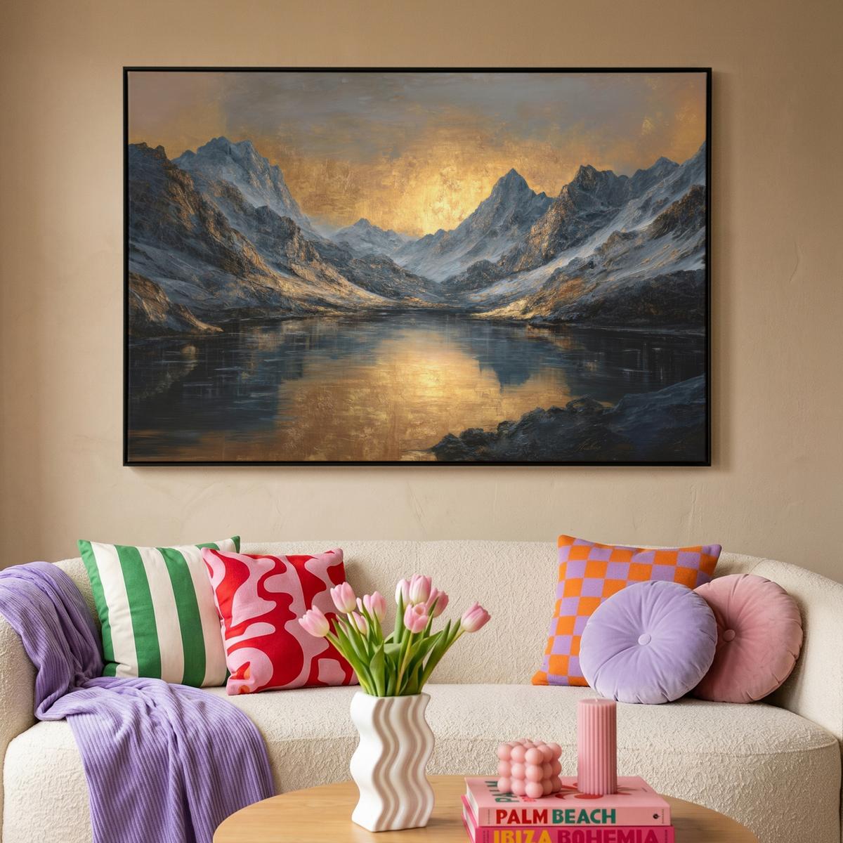 LEINWAND Bilder mit Rahmen - Bergkulisse mit goldenem Sonnenuntergang - 120x80 - Goldfarben, Textil (120/80cm) - MuchoWow
