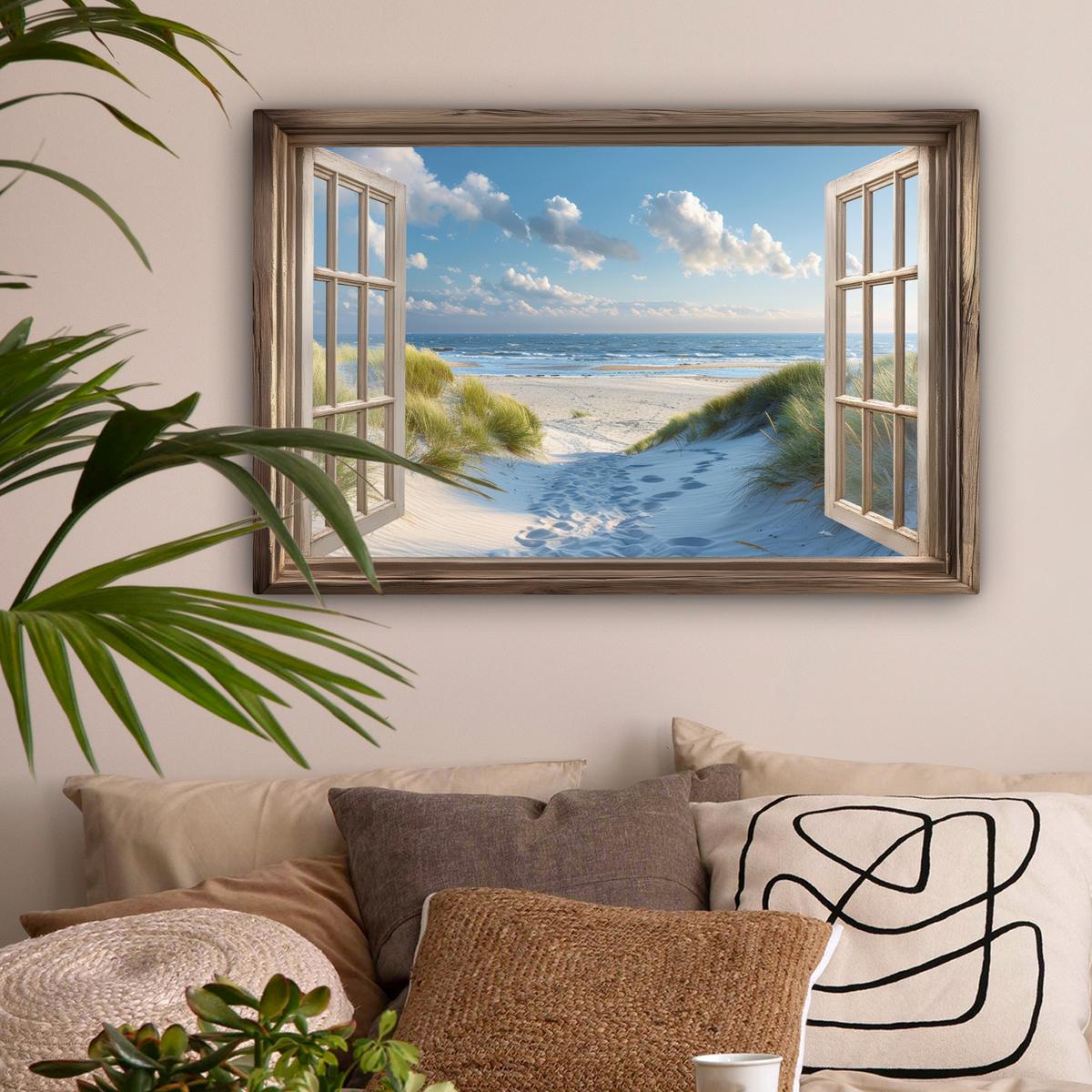 LEINWANDBILD Aussicht - Strand - Fenster - Dünen - Meer Wanddeko 90x60 cm - Hellblau, Textil (90/60cm) - MuchoWow