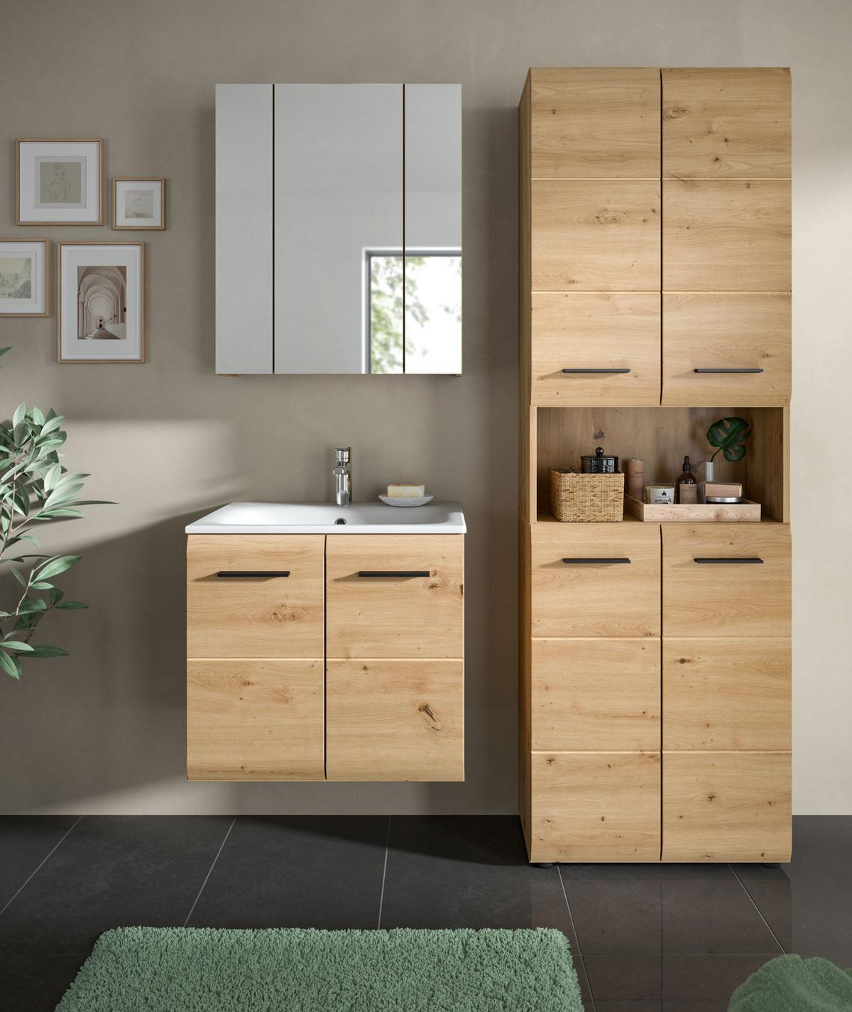 WASCHTISCH Eiche Artisan, Set Waschbeckenunterschrank hängend mit Waschbecken, Breite 60 cm - Schwarz/Eiche Artisan, Keramik/Holzwerkstoff (60/55/46cm) - Inn.Furn