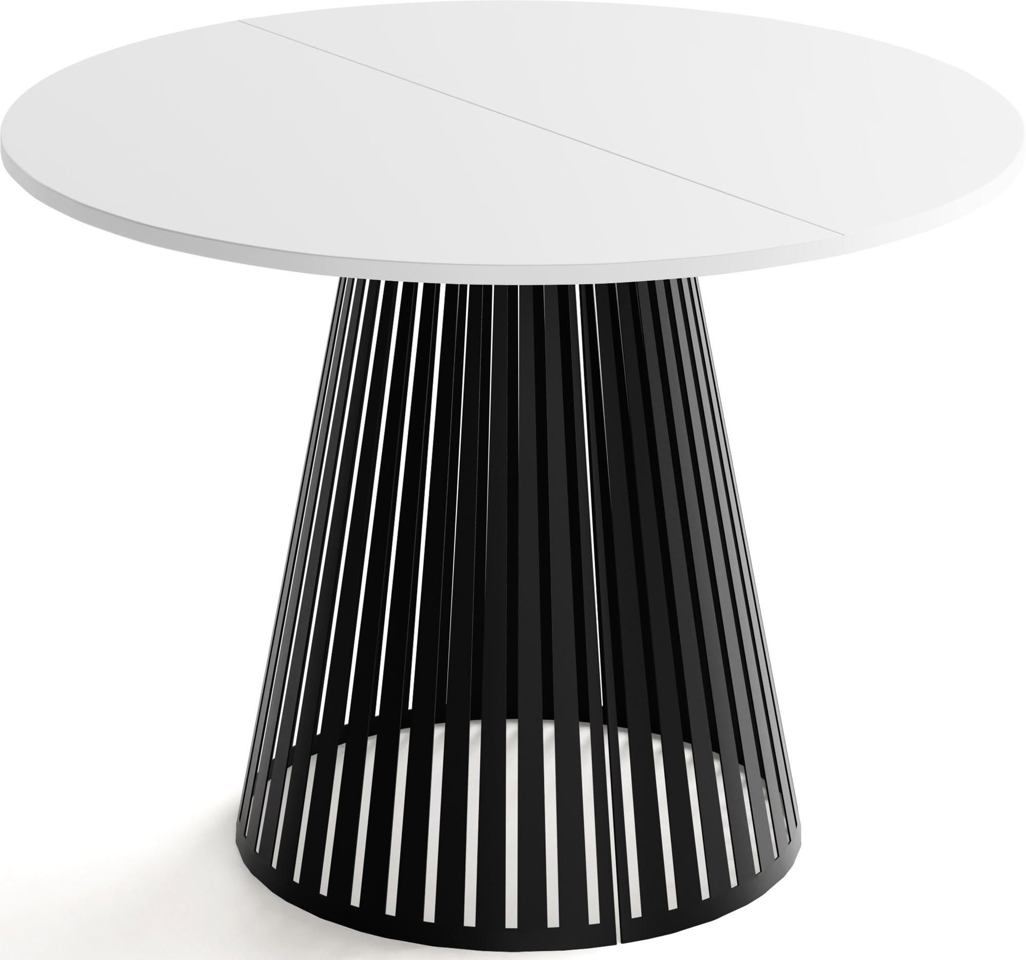 ESSTISCH Naro rund ausziehbar mit Schwarzem Lamellen-Metallgestell, Weiß 100-180/100/76 cm - Schwarz/Weiß, Holzwerkstoff/Metall (100/176/76cm) - WFL GROUP