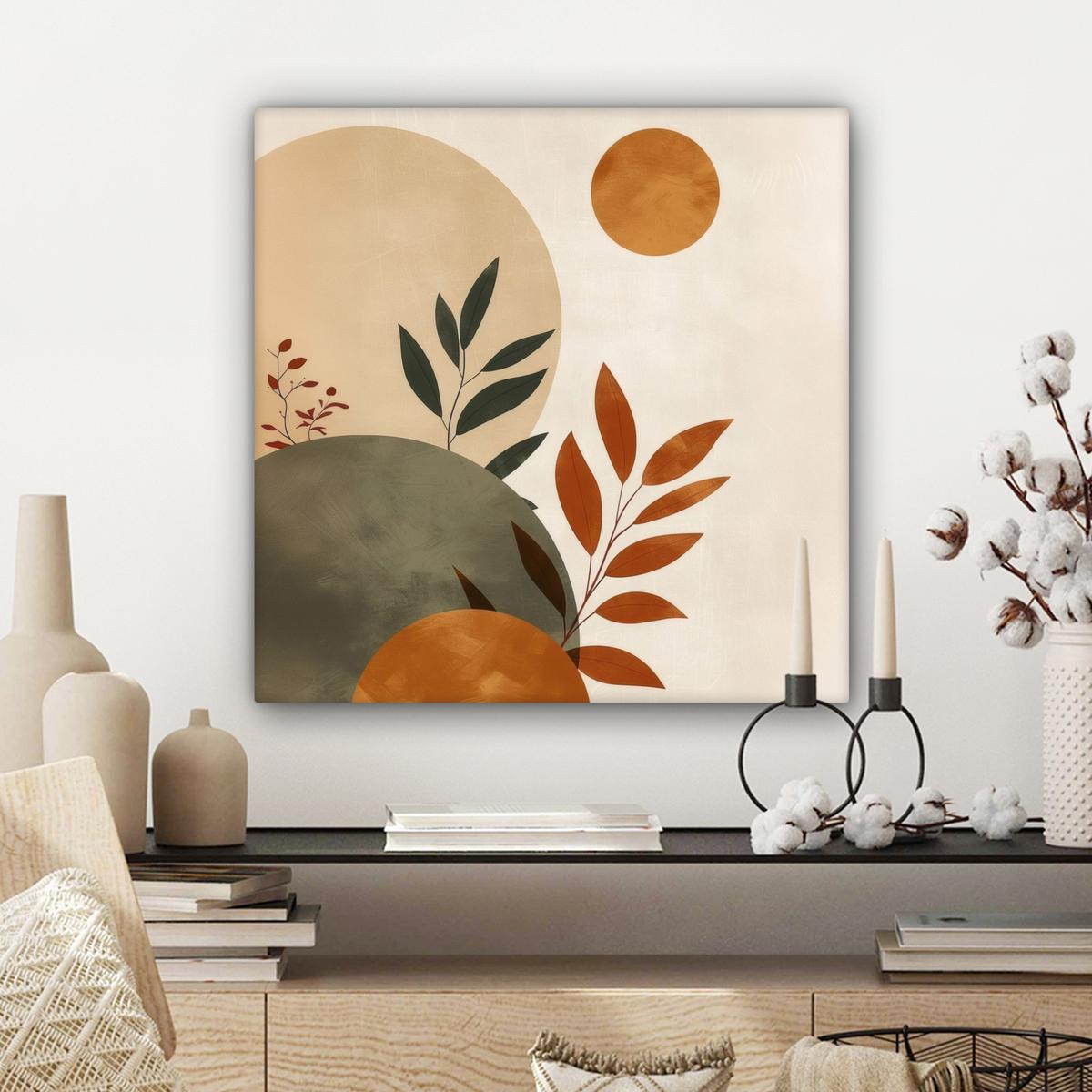 LEINWANDBILD Formen - Rund - Blätter - Beige Wandbild Wohnzimmer 50x50 cm - Rostfarben, Textil (50/50cm) - MuchoWow