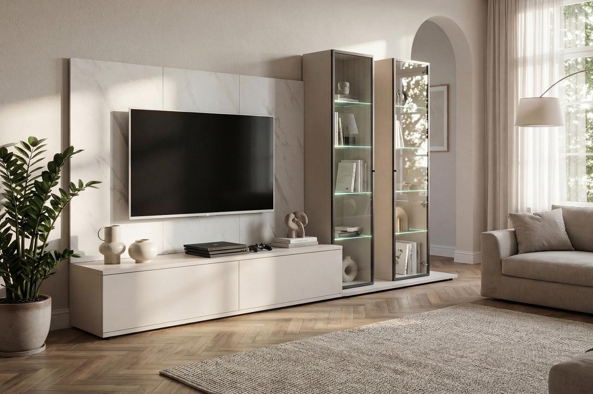 WOHNWAND kaschmir, Marmor weiß 300 cm, Anbauwand mit Wandpaneel, Beleuchtung, Push-to-Open - Kaschmir/Schwarz, Glas/Holzwerkstoff (300/175/45cm) - Inn.Furn