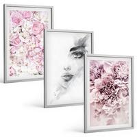 BILDER SET 3er Set - 40x60 cm Silberner Rahmen - Pfingstrosenporträt einer Frau in Schwarzweiß - Silberfarben, Kunststoff (40/60cm) - TULUP