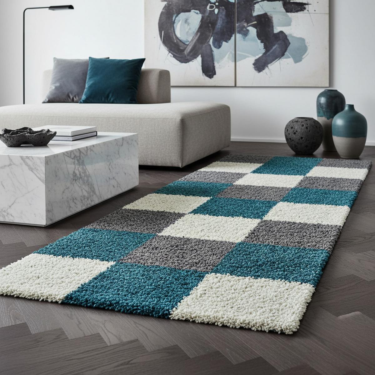 HOCHFLORTEPPICH RHEIN, kariert, Türkis, 80 x 250 cm - Blau, Textil (250/80cm) - KADIMA DESIGN