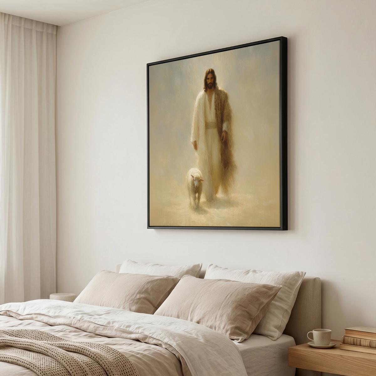 LEINWAND Bilder mit Rahmen - Schaf - Jesus - Pinselstriche - Abstrakt - 90x90 - Beige, Textil (90/90cm) - MuchoWow