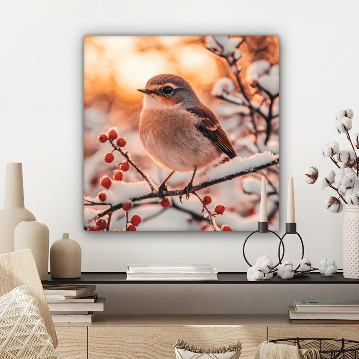 LEINWANDBILD Vogel - Zweig - Winter - Tiere - Schnee Wandbild Wohnzimmer 50x50 cm - Bernsteinfarben, Textil (50/50cm) - MuchoWow