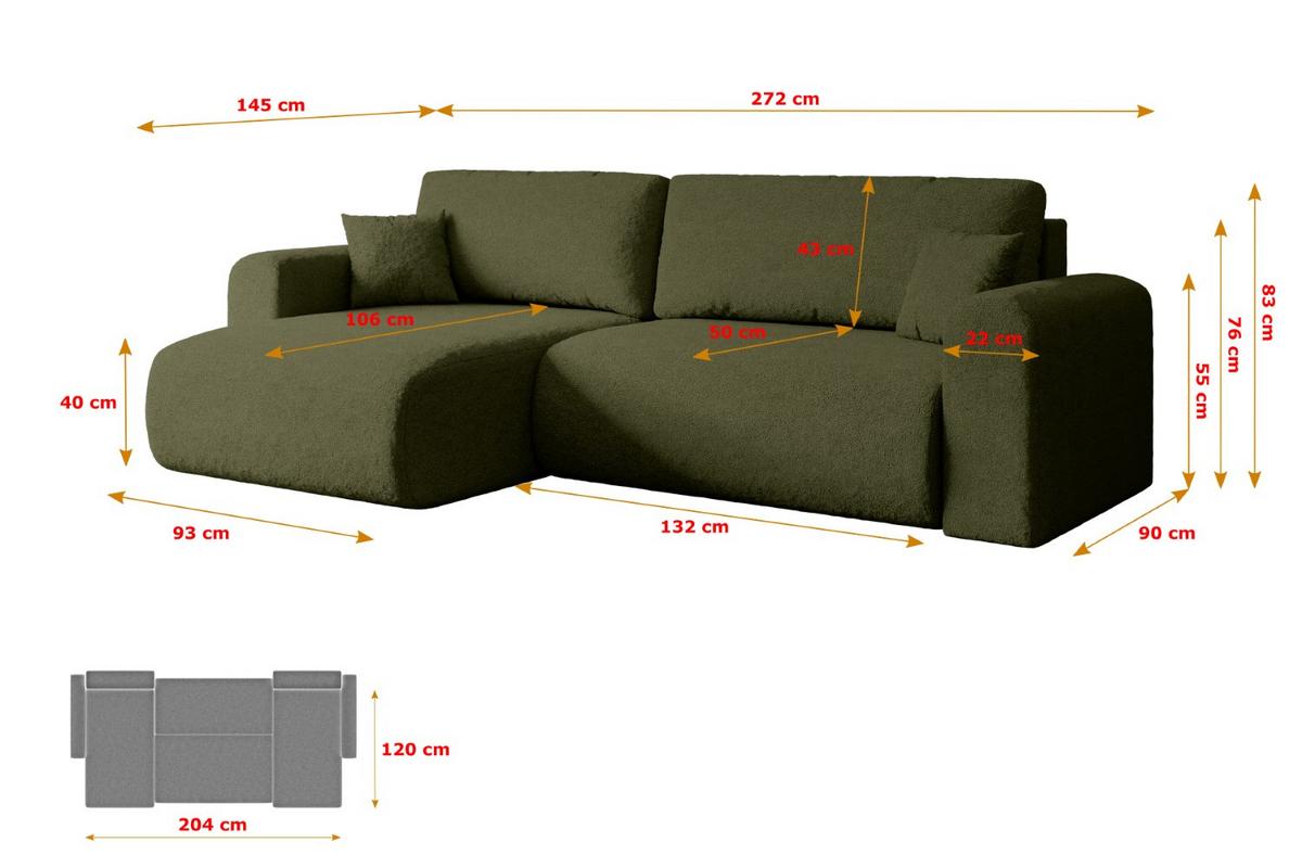 ECKSOFA mit Schlaffunktion und Bettkasten ORRO-L - 272x145x83 cm Grün Bouclé - Schwarz/Grün, Holzwerkstoff/Kunststoff (272/145cm) - ALTDECOR