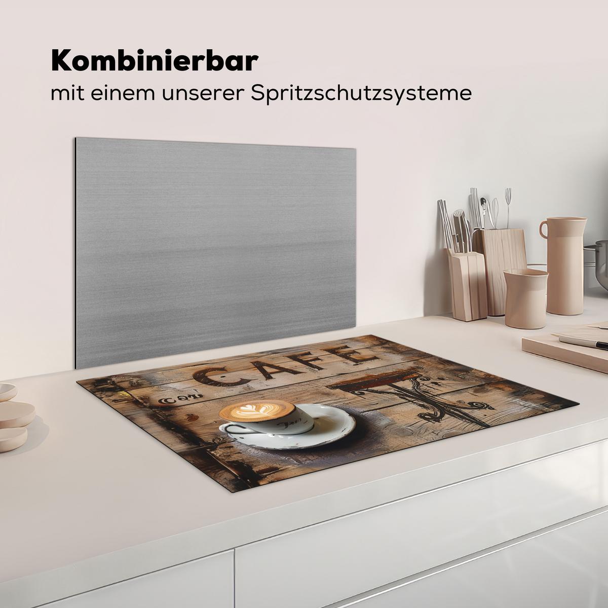 HERDABDECKPLATTE Cafe - Holz - Kaffee - Regale Herdabdeckung Induktionsfeld 75x52 cm - Schwarz, Kunststoff (75/52/0.2cm) - MuchoWow