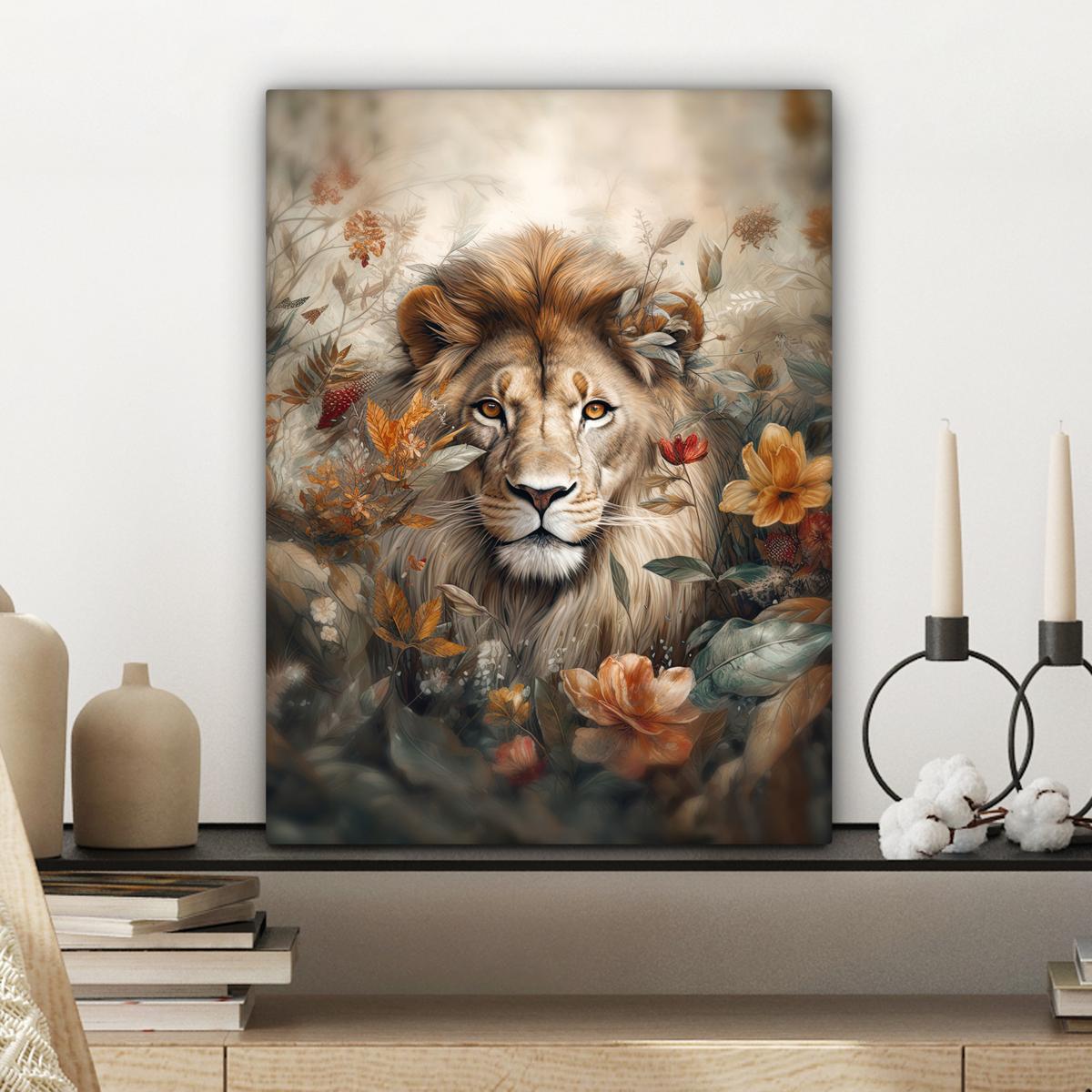 LEINWANDBILD Löwe - Wildtiere - Pflanzen - Natur - Blumen Room Decor 30x40 cm - Beige, Textil (30/40cm) - MuchoWow