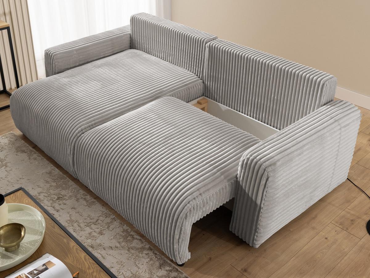 ECKSOFA Calma mit Schlaffunktion und Bettkasten im Bumpy-Design aus weichem Taupe Plüschcord - Ottomane links - Taupe/Schwarz, Holz/Kunststoff (239/140cm) - S-Style