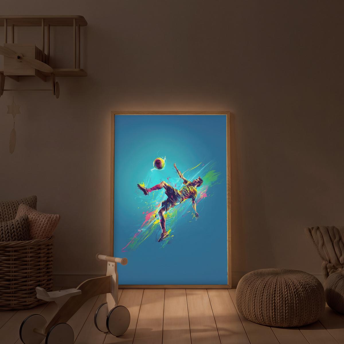 WANDLEUCHTE MIT AKKU Fußballer - Farbspritzer - Farbenfroh - Ball 60x90 cm - Blau, Holzwerkstoff (60/90/8cm) - OnlyWow