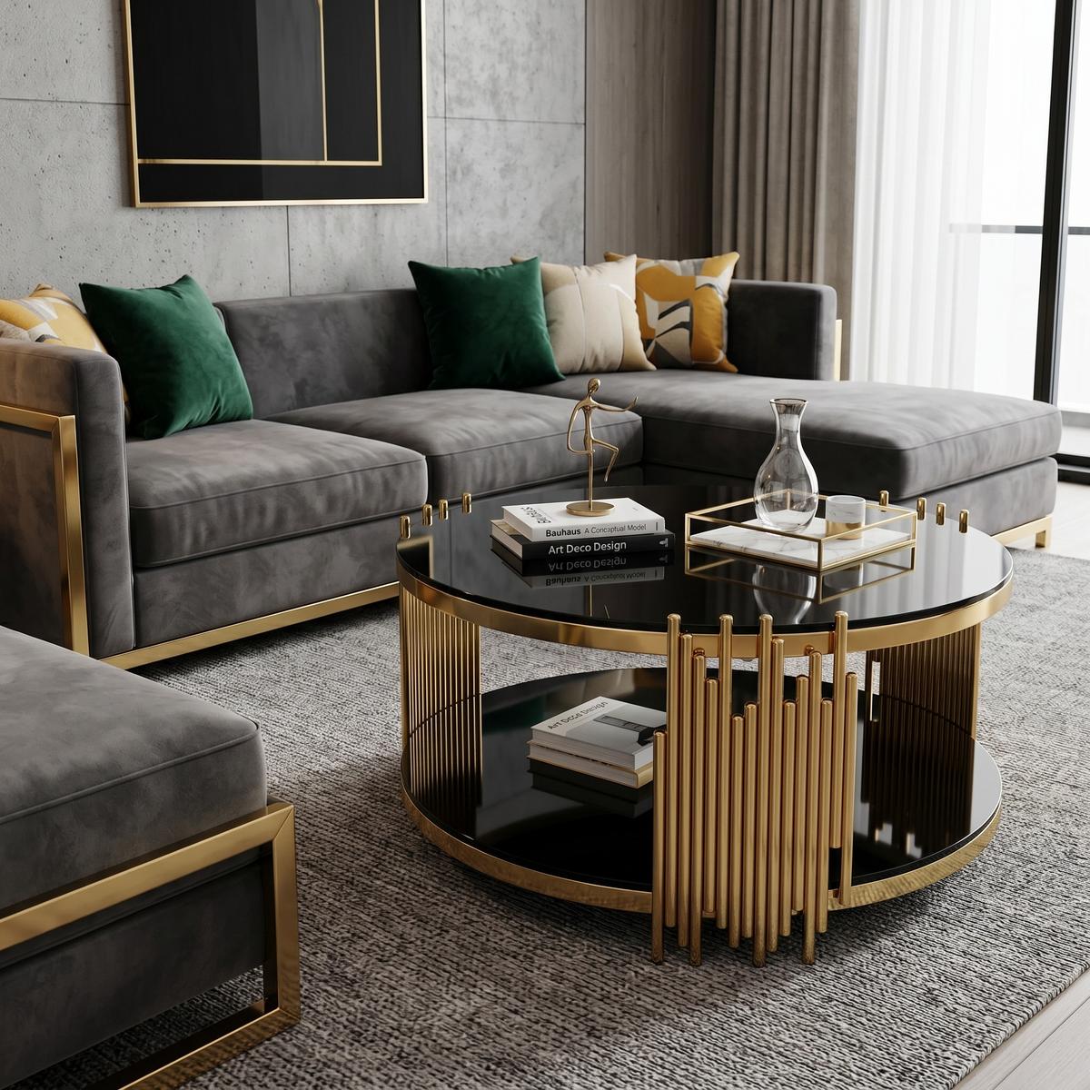 COUCHTISCH rund schwarz & gold Ø 80 cm doppelglas & edelstahlgestell - Goldfarben, Metall (80/80/45cm) - Urban Meuble