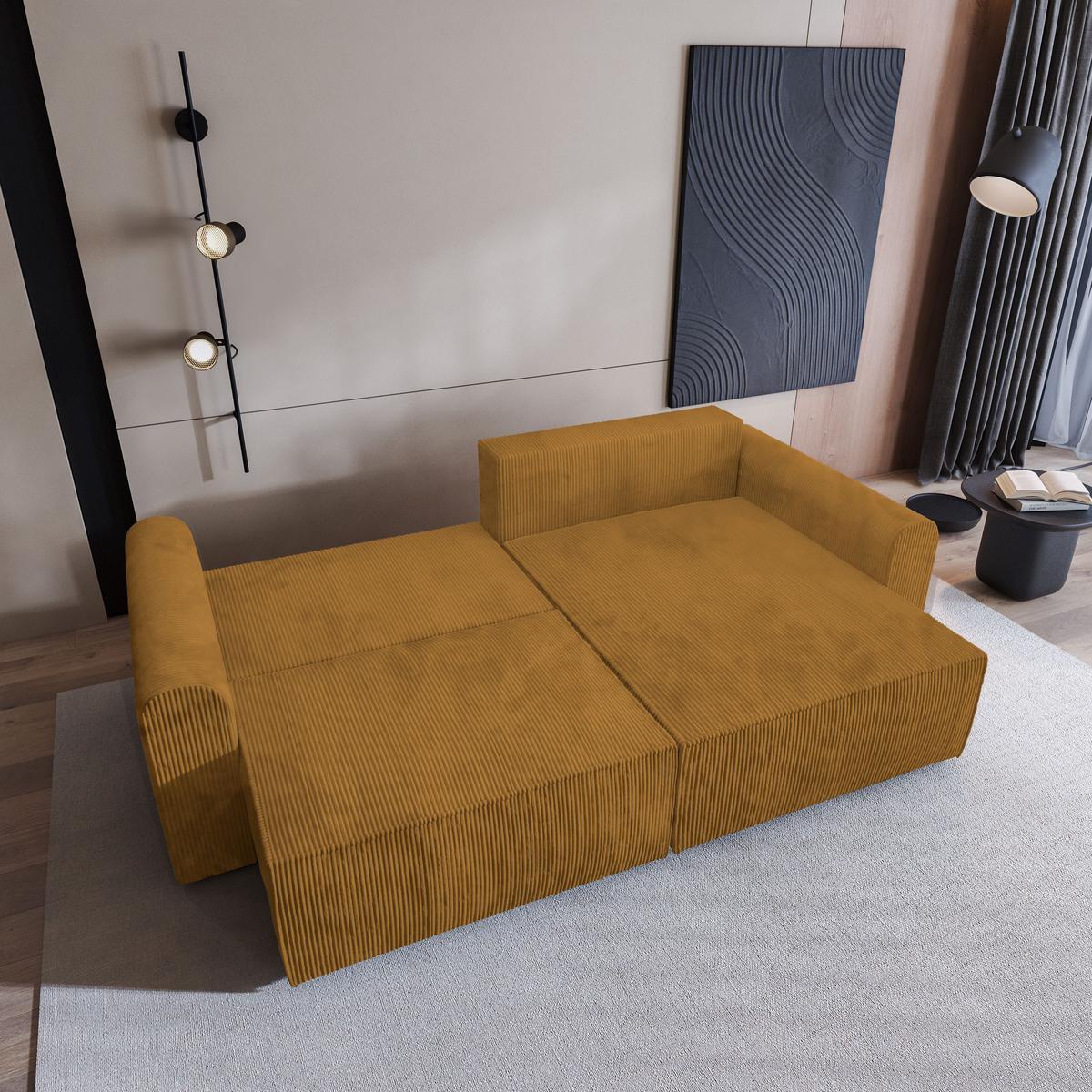 ECKSOFA FIANO P Gelb Kordstoff mit Schlaffunktion - Gelb/Grau, Holz/Kunststoff (245/148cm) - MASSENO