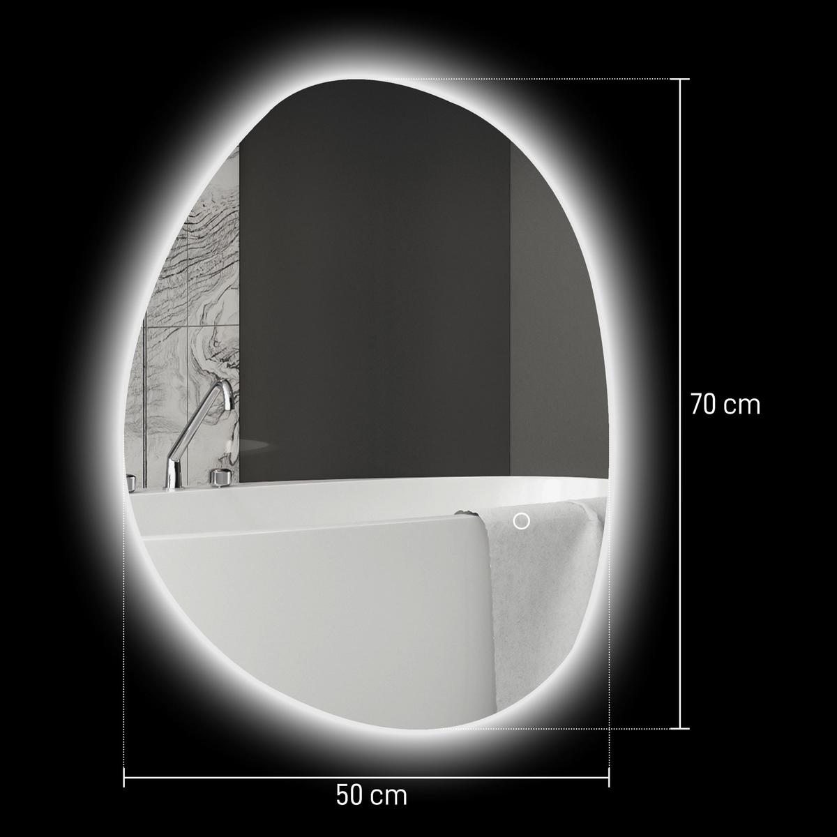 70 x 50 cm Asymmetrischer Badspiegel mit LED-Licht, Anti-Beschlag-Funktion - Silberfarben, Glas (50/5/70cm) - HOMCOM