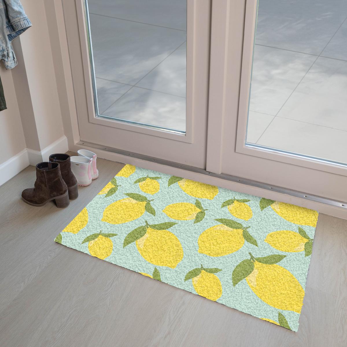 FUSSMATTE Muster Zitronen - Gelb - Blau - Muster - Früchte Flurteppich 90x60 cm - Gelb, Kunststoff (90/0.4cm) - MuchoWow