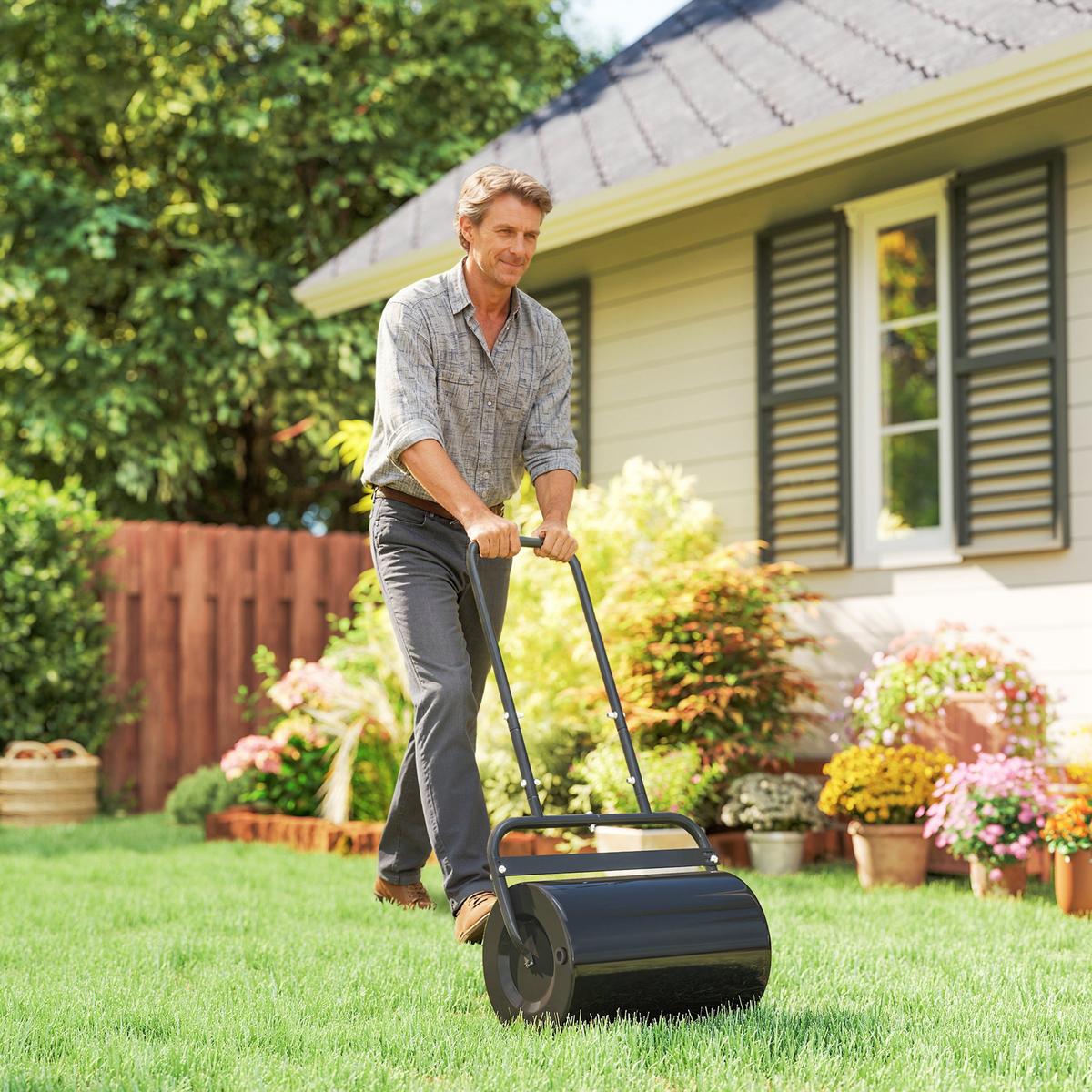 RASENWALZE mit U-Griff Gartenwalze Gartenrolle Wasser-/ Sandfüllung Metall - Schwarz, Metall (32.5/113/58cm) - Outsunny