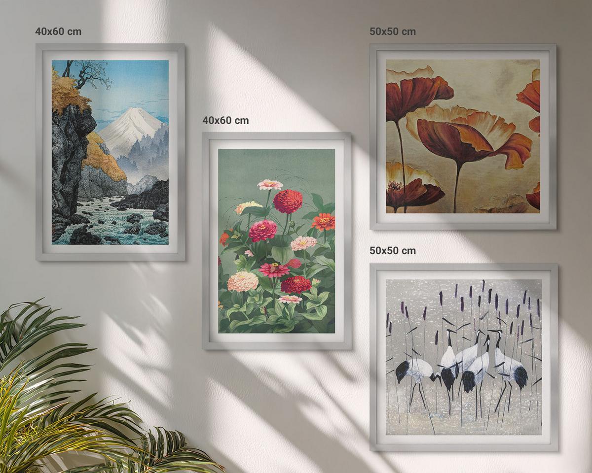 BILDER SET 4er Set - 50x50 cm & 40x60 cm Silberner Rahmen - Berge, Wasserfälle, Vögel, Blumen - Silberfarben, Kunststoff (50/50cm) - TULUP