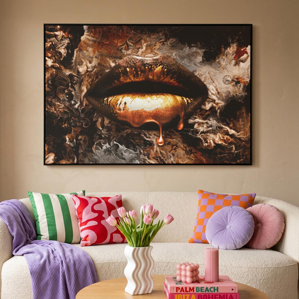 LEINWAND Bilder mit Rahmen - Gold - Lippen - Kunst - Gold - Luxus - Abstrakt - 120x80 - Kupferfarben, Textil (120/80cm) - MuchoWow
